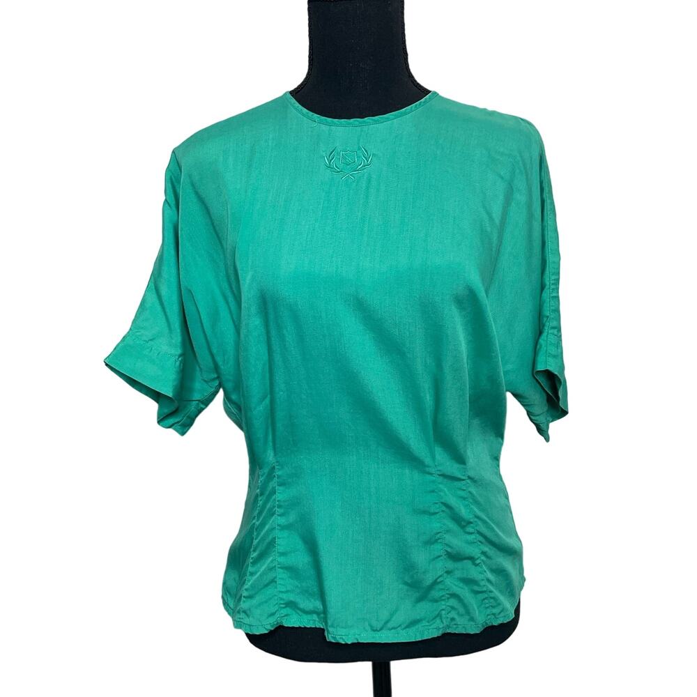 Michelle Stuart‎ Vintage Fitted Blouse Short Sleeve Emerald Green Button Up Back
